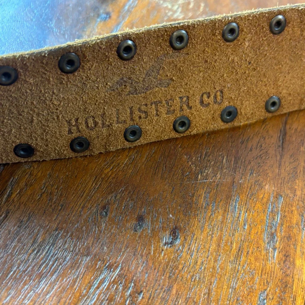 Hollister Mens Brown Studded Leather Belt Wood Houndstooth‎ Buckle Medium Boho